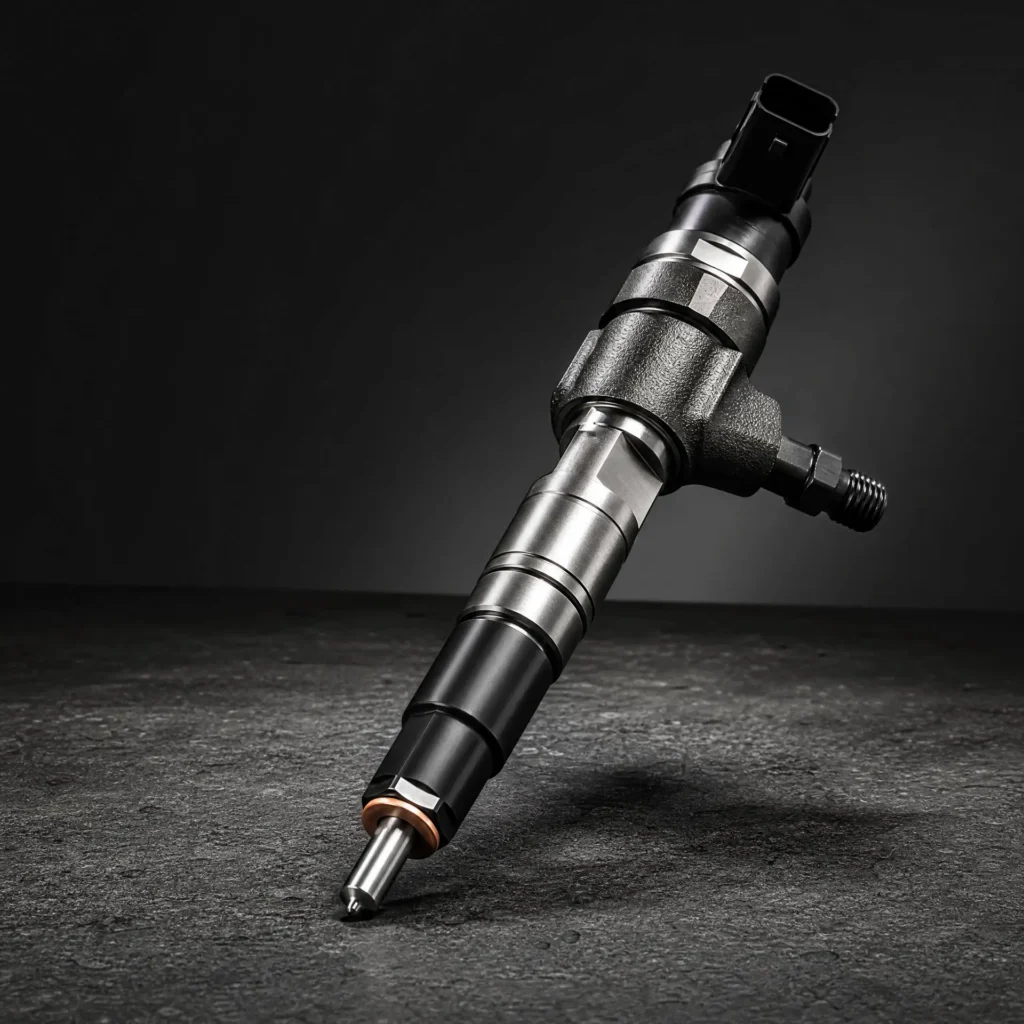 Bico injetor diesel seminovo sendo avaliado por um mecânico em oficina.